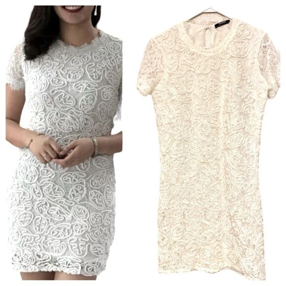 Zara Trafaluc White Textured embroidered Lace Short Sleeve bridal shower Dress S - Picture 1 of 13